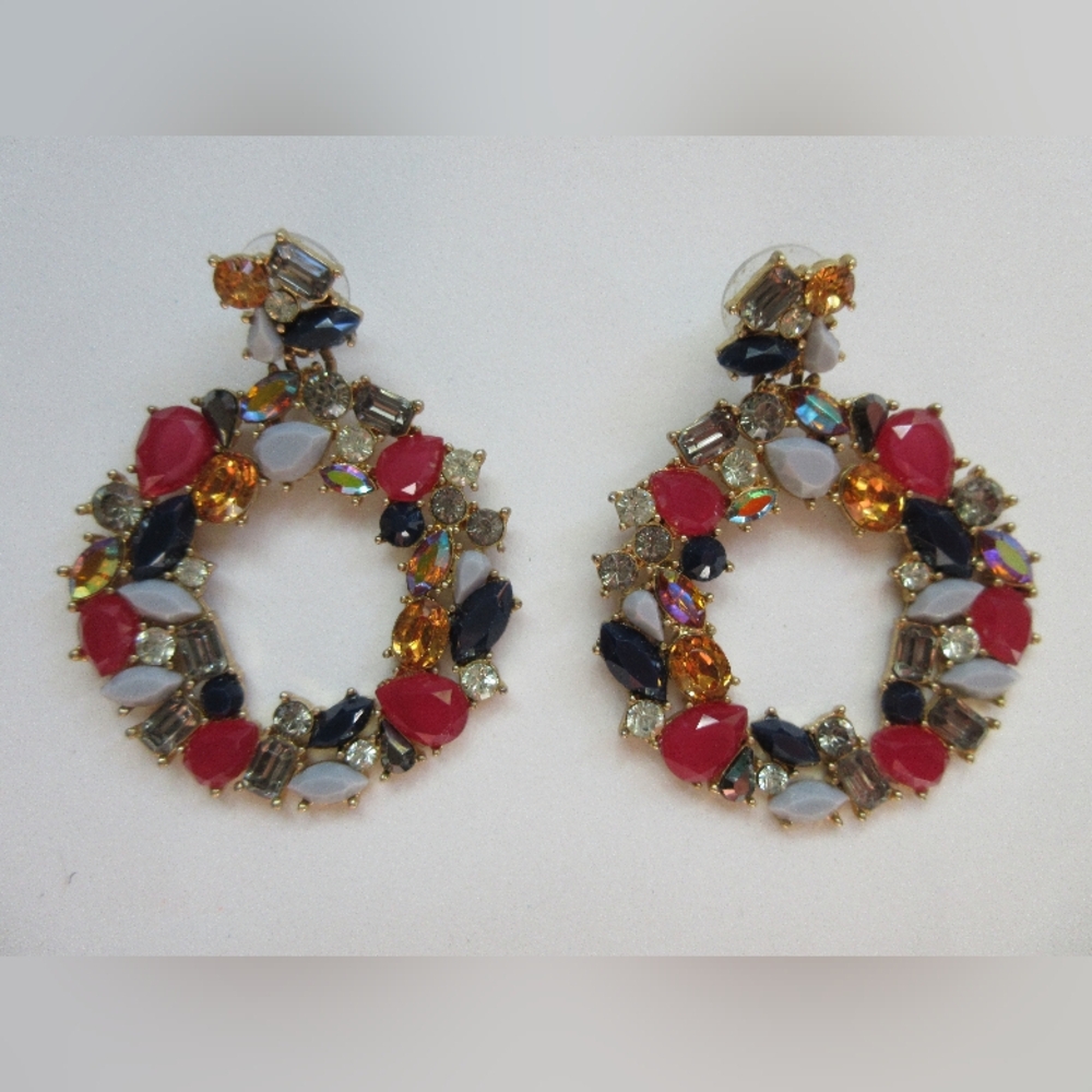 J. Crew Earrings Floral Wreath Gemstones Jewel Dark Peony Red - Picture 3 of 7
